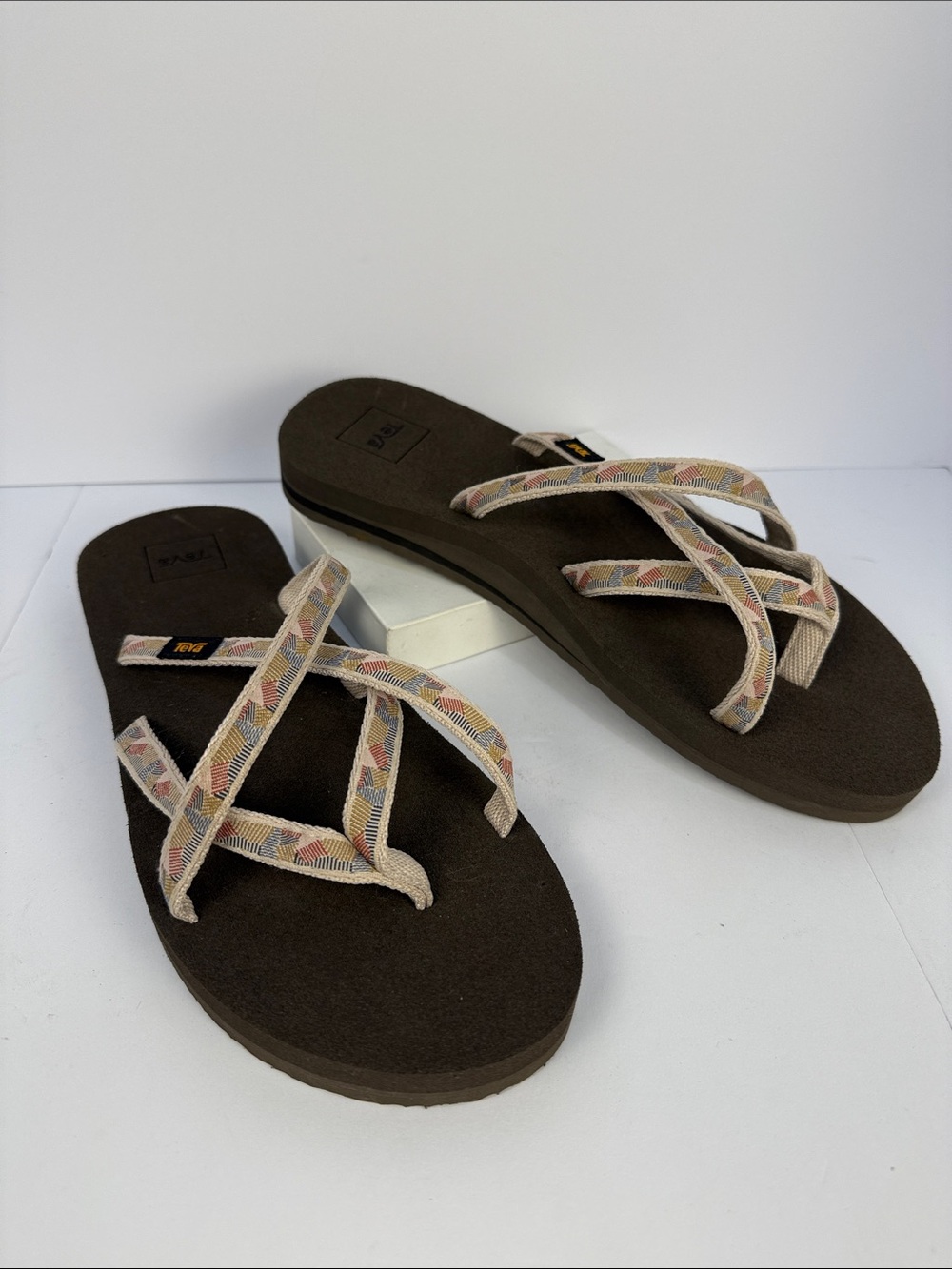 Teva Women's Brown Footbed Sandals with Multicolor Woven Straps